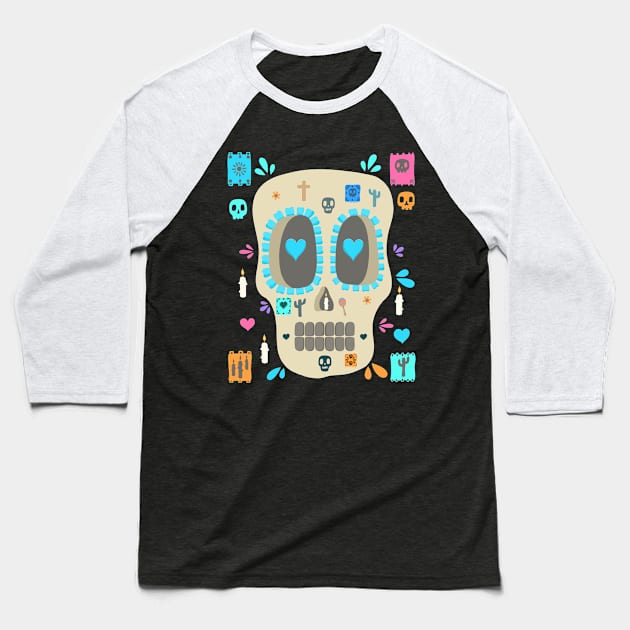 Día De Los Muertos - Colorful Sugar Skull - Papel Picado Baseball T-Shirt by Scriptnbones